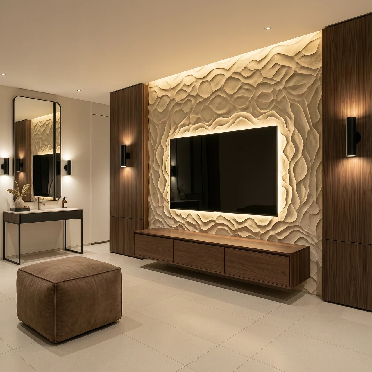 A luxurious modern interior design. In the center, a feature wall with a heavy organic beige sculptural plaster texture, featuring a large flat-screen TV with warm LED halo…