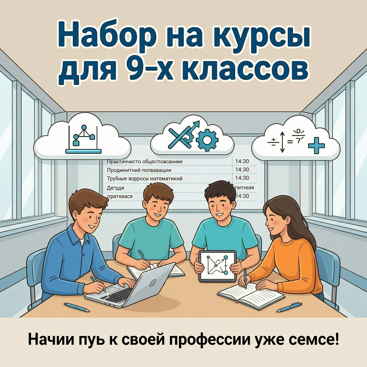 Нарисуй яркую и мотивирующую иллюстрацию для школьного объявления о курсах для 9‑классников. В центре — группа подростков (3–4 ученика) разного пола, они увлечённо работают…