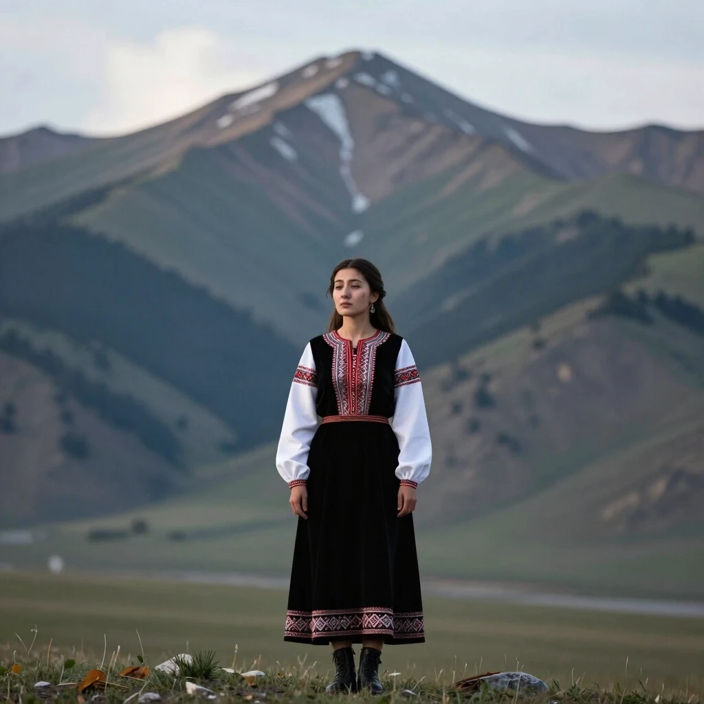 Красивый пейзаж горы Ирендек в Башкортостане, грустная красивая молодая женщина башкирка в старинном башкирском платье стоит на подножье горы. — работа пользователя Лилия Кликич
