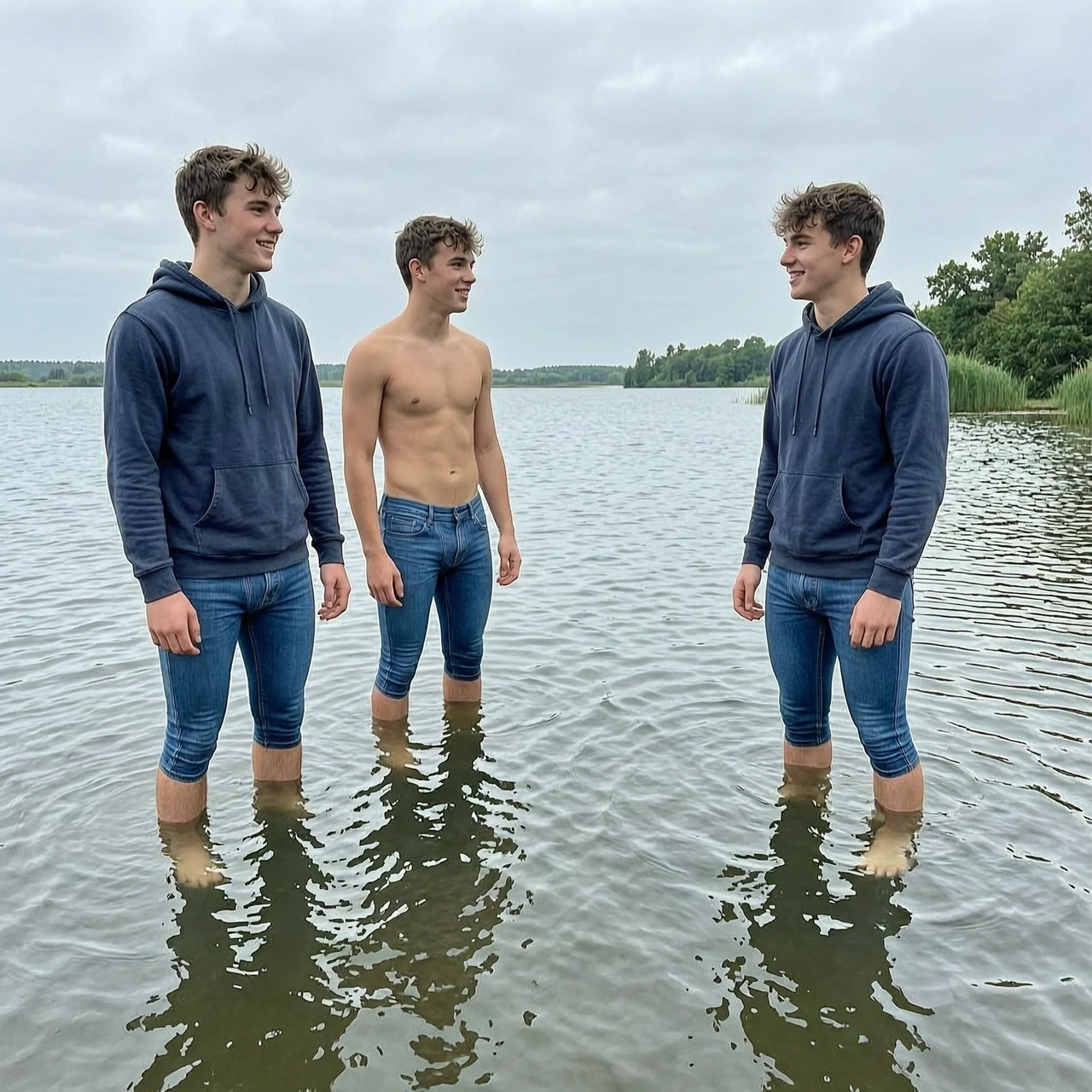 18-year-old guys in blue denim leggings are standing deep in the water — работа пользователя Грозовой Химик