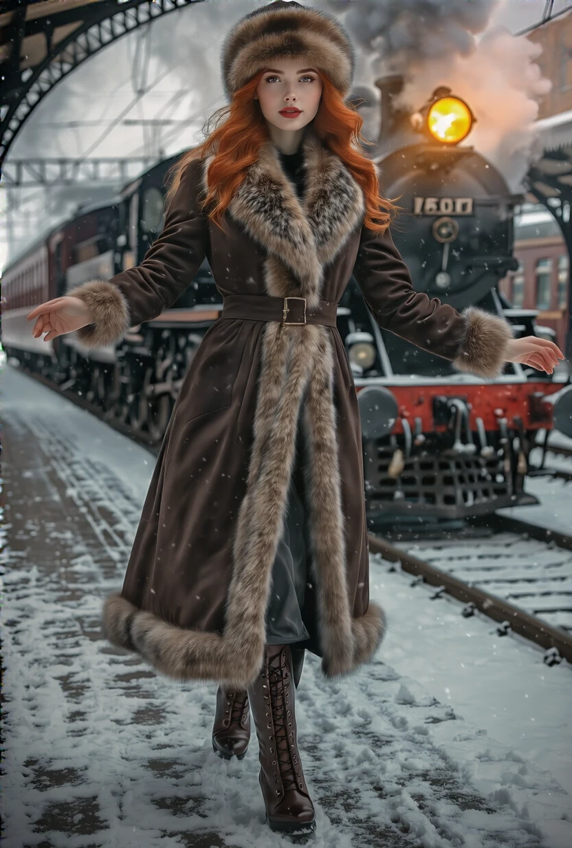A full-length photorealistic portrait of a young woman with red hair hidden under a fur hat walking along the snowy platform of a railway station. She is depicted in a dynamic…