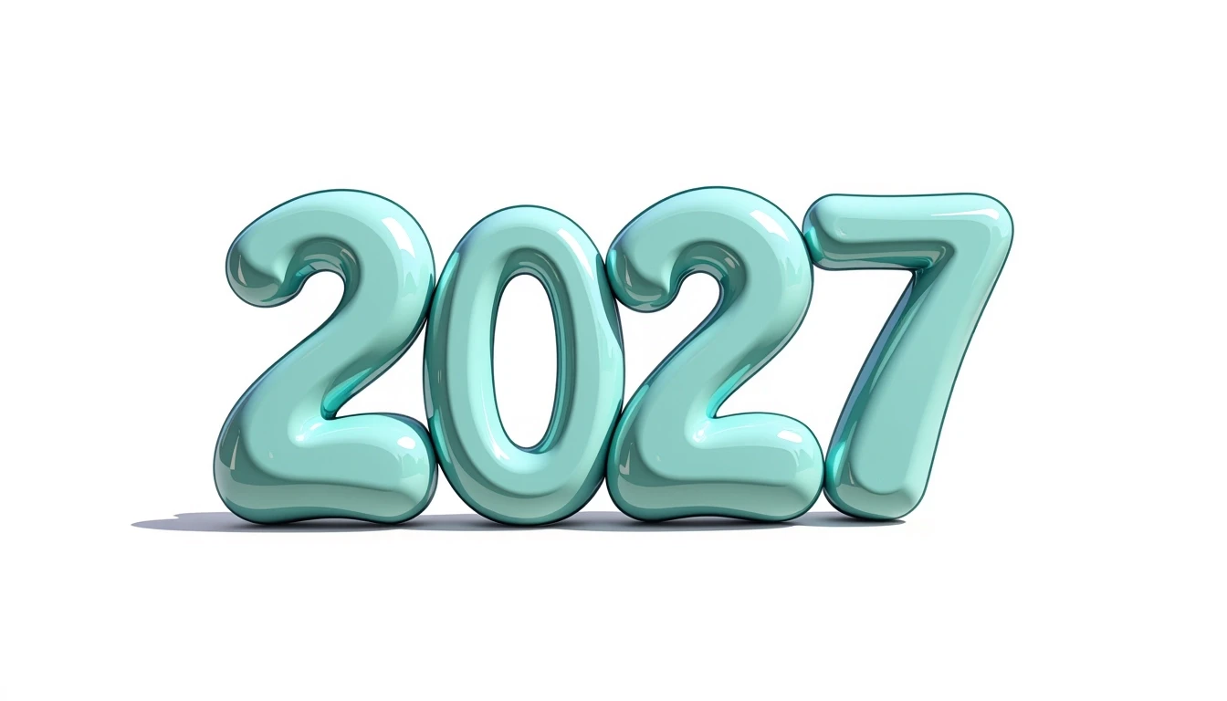 Крупные, чёткие объёмные цифры «2027» на изолированном чистом белом фоне. Каждая цифра «2», «0», «2», «7» написано идеально правильно и разборчиво. Шрифт в мультяшном стиле:…
