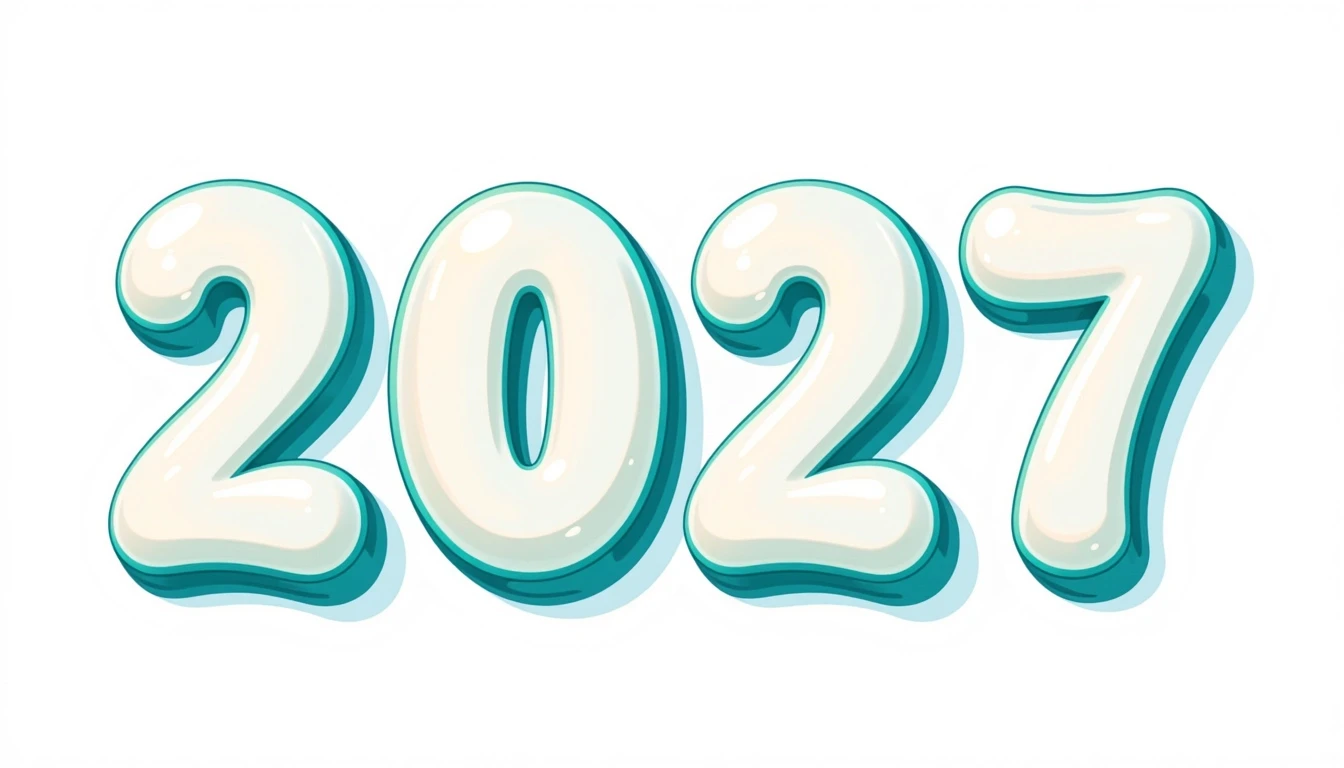 Крупные, чёткие объёмные цифры «2027» на изолированном чистом белом фоне. Каждая цифра «2», «0», «2», «7» написано идеально правильно и разборчиво. Шрифт в мультяшном стиле:…