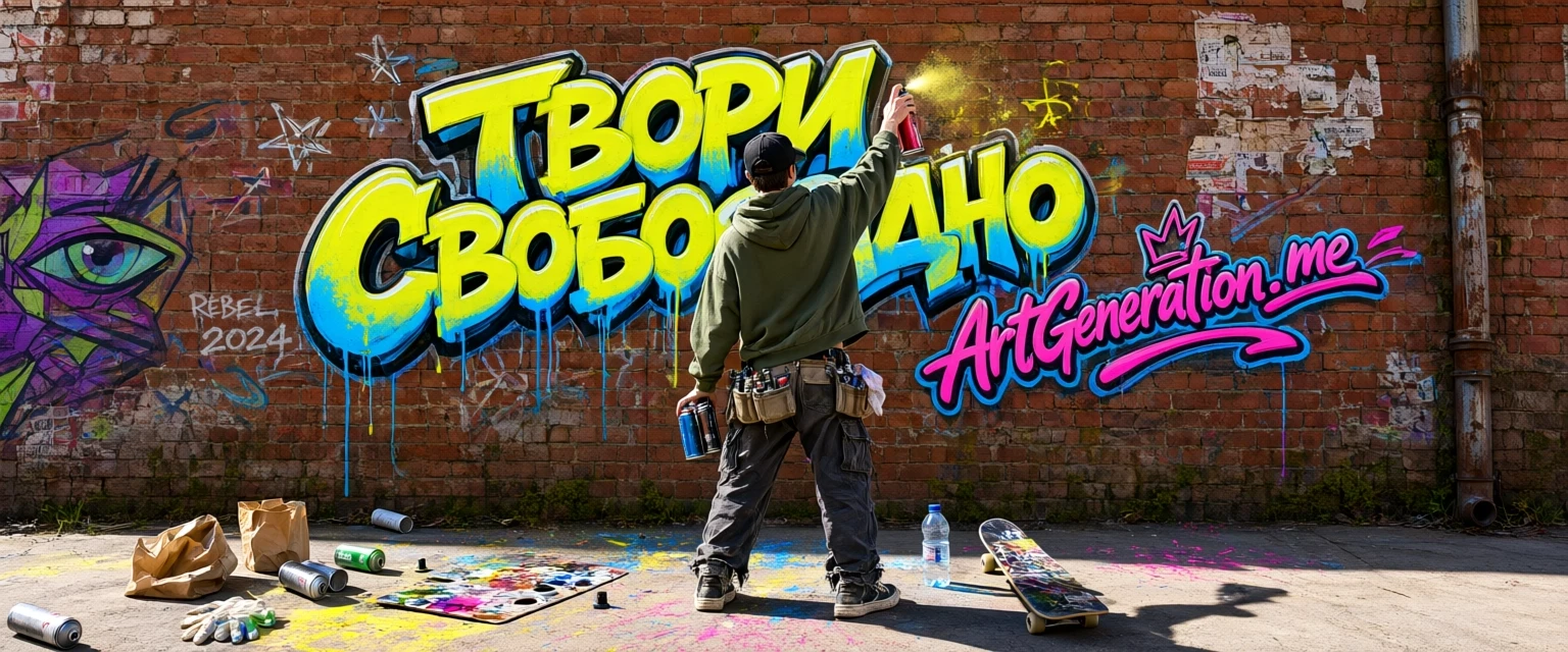 Готовый кадр городского стрит-арта, горизонтальный 3:2, до 2K, солнечный день. Старая кирпичная стена с художественным граффити, крупная объёмная надпись кириллицей «ТВОРИ…