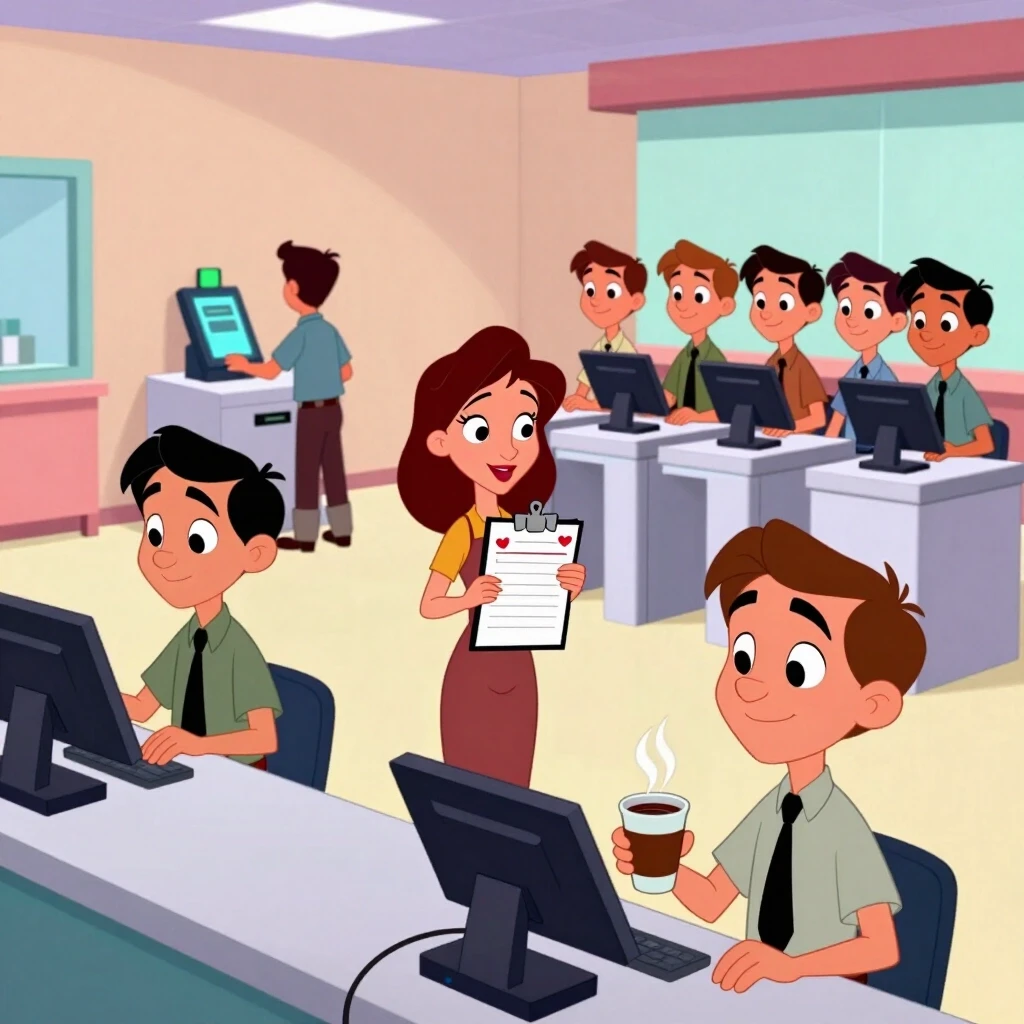 Cartoon style wide scene, five QA testers in a modern office, 90% male 10% female ratio, white skin Slavic features, huge expressive eyes, clear background no blur, pastel…