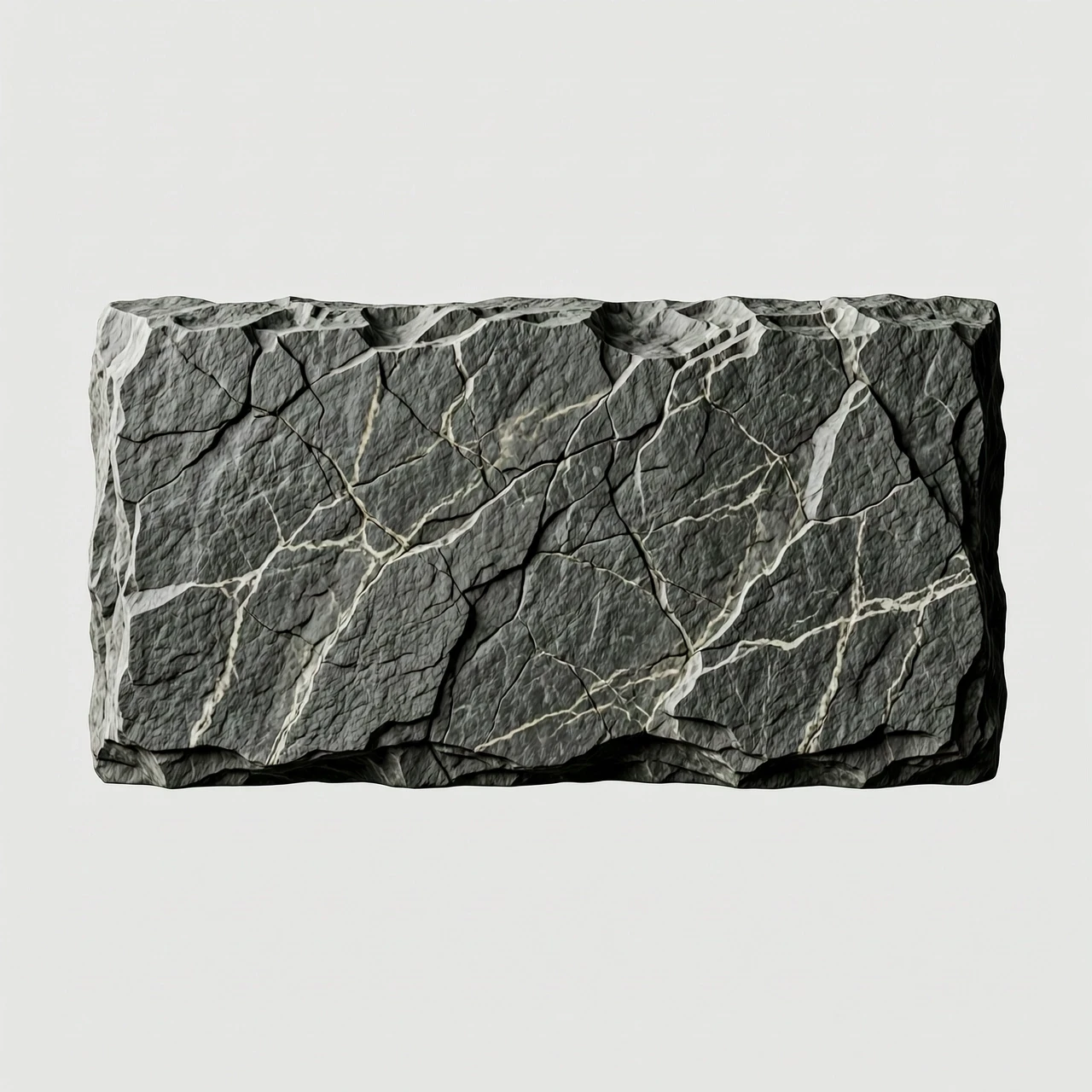 A high-quality isolated asset for Photoshop: a rectangular floating slab made of textured dark grey granite stone, designed as a text background plate. The stone features…