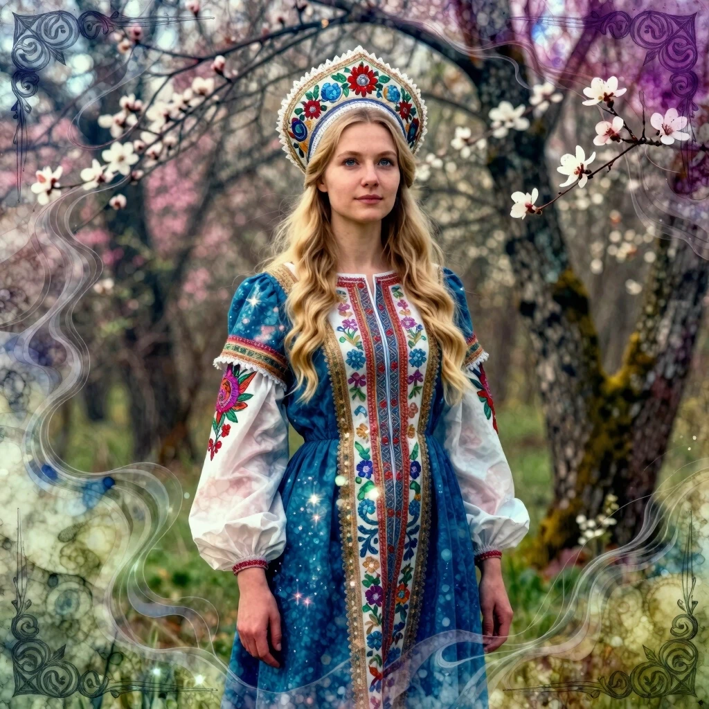 Russian Russians: A detailed portrait of a young woman of Slavic appearance from the 16th century in a traditional long Russian sundress and a traditional Russian cocoanut…