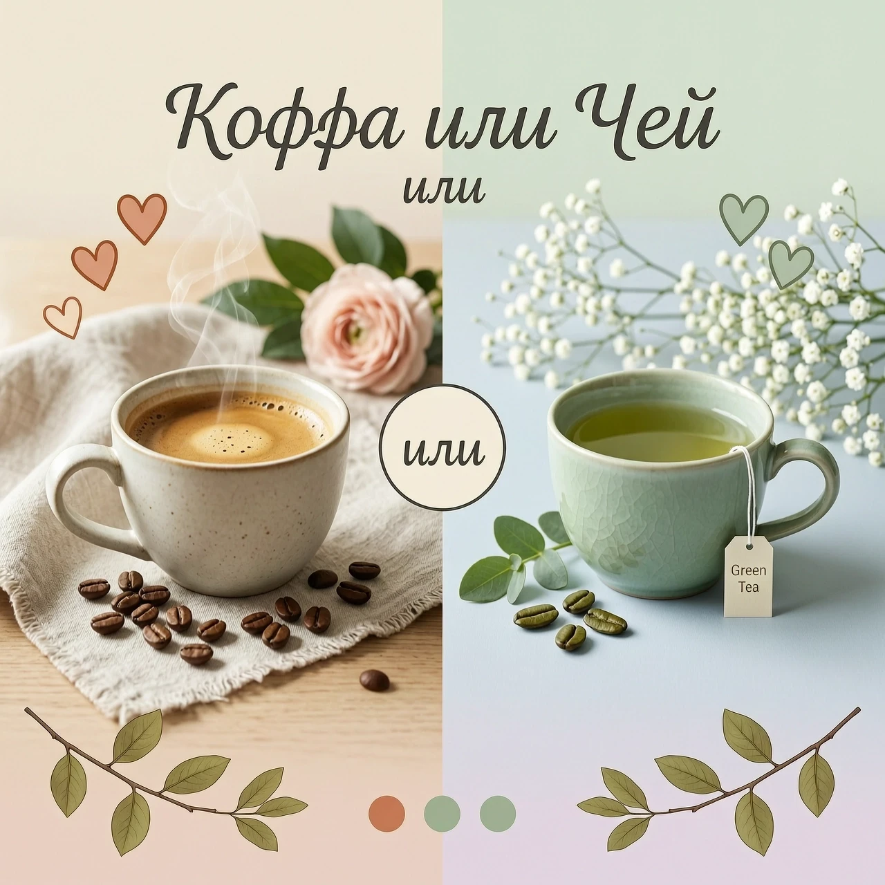 Фотореалистичная композиция «Кофе или Чай» в стиле hygge, пастельная палитра, мягкий свет, 8K. Кадр поделён пополам: слева — красивая кружка с кофе, кофейные зёрна, льняная…
