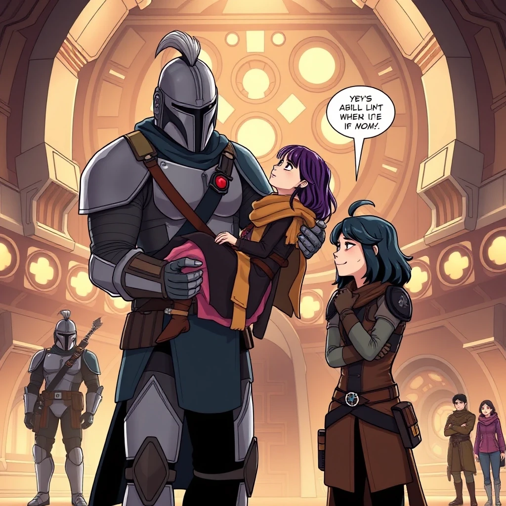 A deeply emotional graphic novel art from Star Wars rebels. Inside the grand metallic hall of Clan Wren fortress. A tall, strong Mandalorian father with grey-streaked hair…