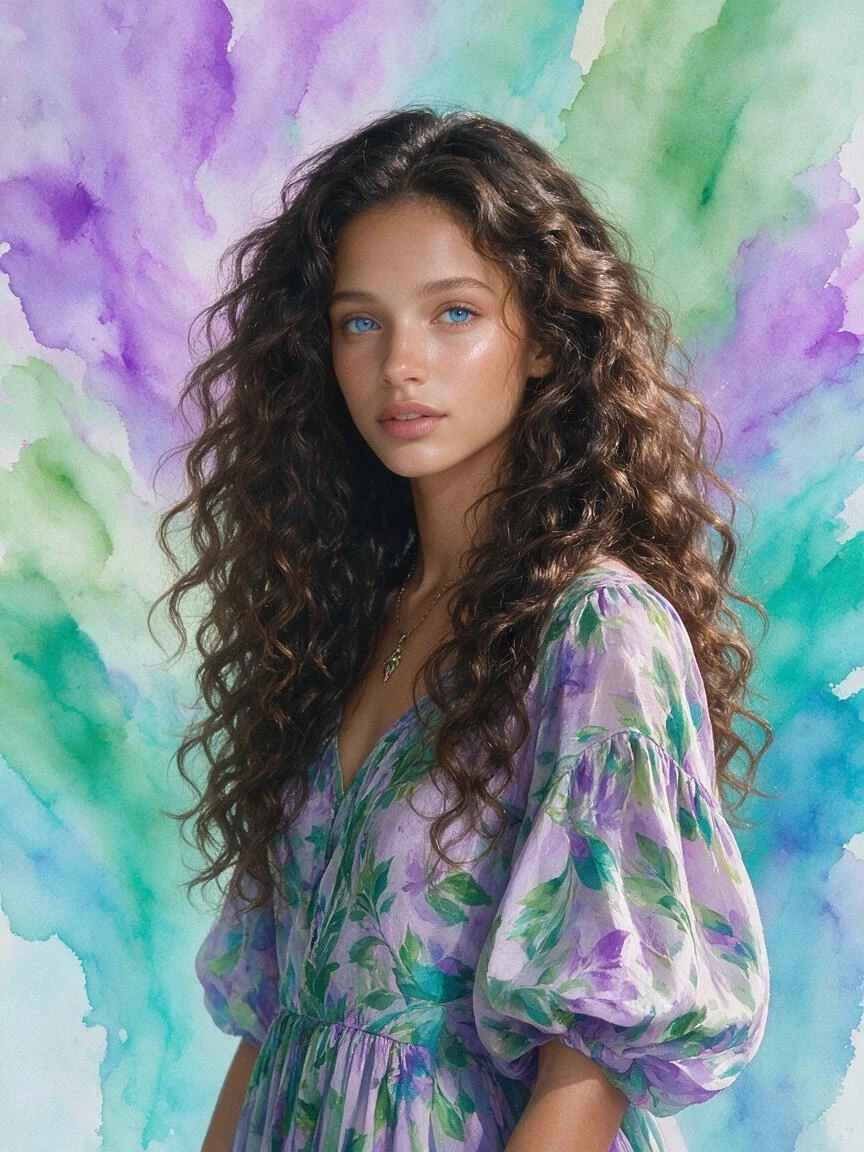 Photorealistic. A young mulatto woman with luxurious, long, curly dark brown hair and delicate, realistic, dark skin. Blue eyes. A thin chain with a pendant around the neck. A…