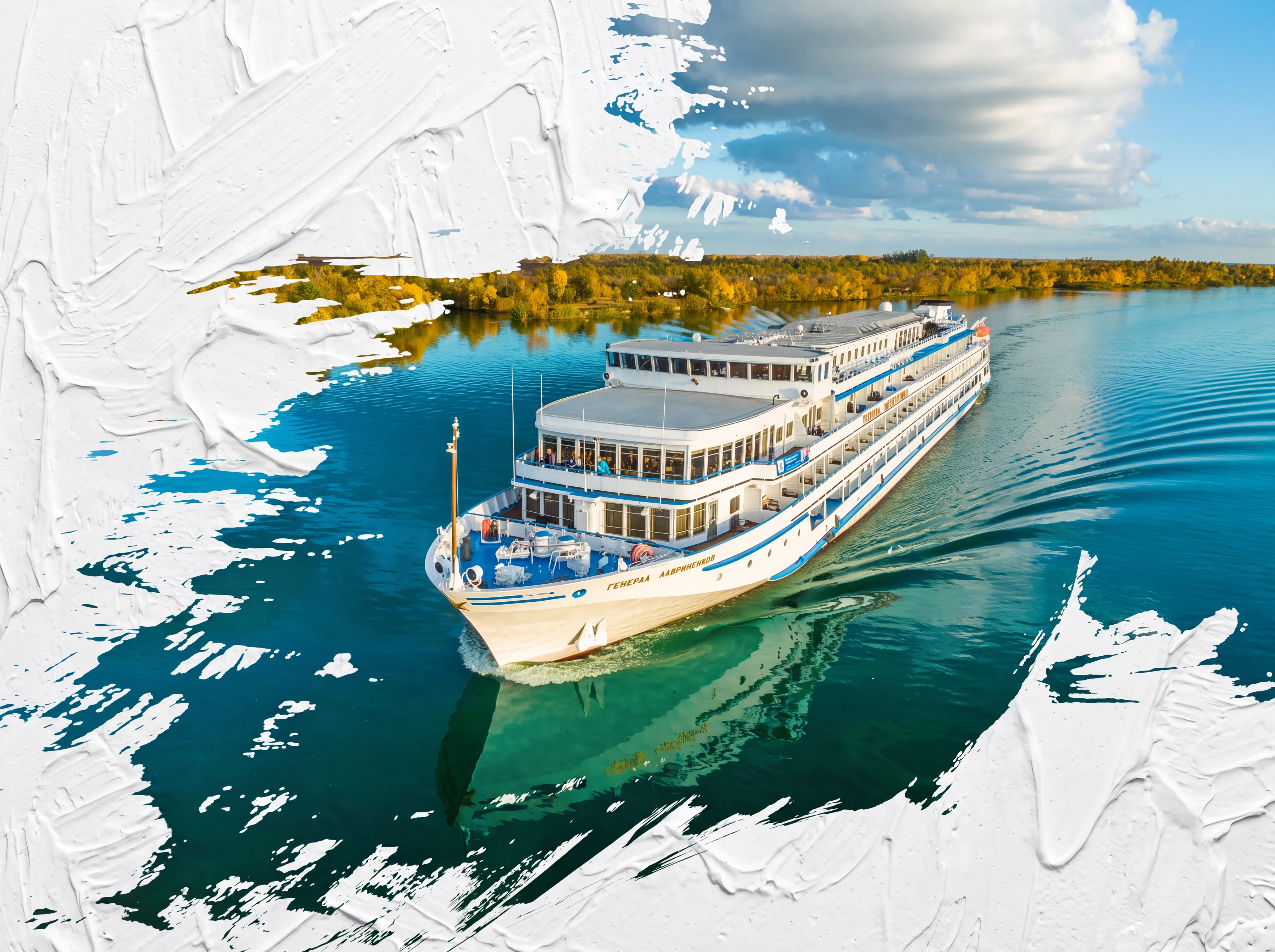 Majestic white river cruise liner, viewed from a high-angle aerial perspective, gracefully slicing through the tranquil, mirror-like surface of a wide, expansive river. The…