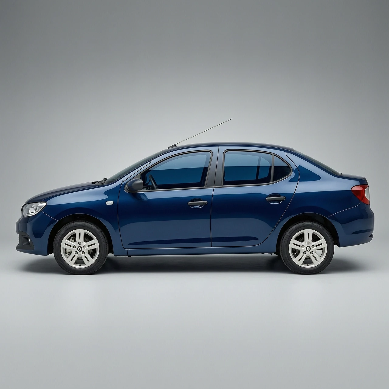 Renault Logan sedan, deep blue metallic paint, dark blue tinted windows, studio lighting, side view, clean background, photorealistic, high detail — работа пользователя…
