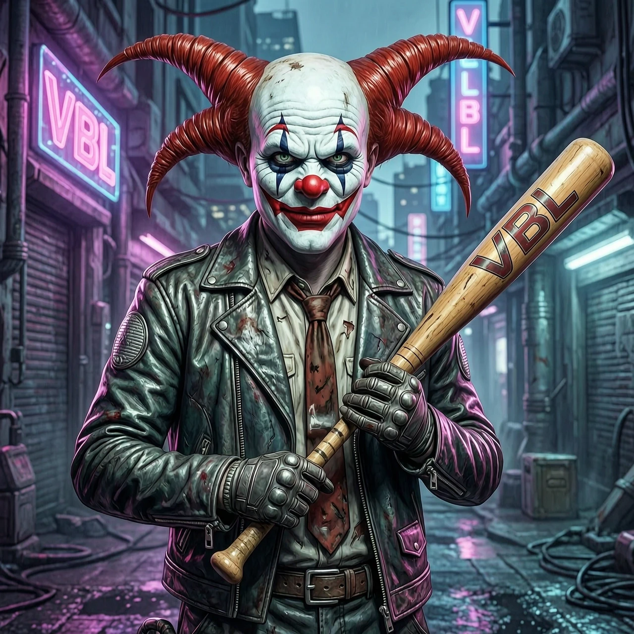 Нарисуй ультра реалистичного Клоуна в стиле cyberpunk, которы держит в руках бейсбольную биту с надписью VBL — работа пользователя Настоящий Голиаф