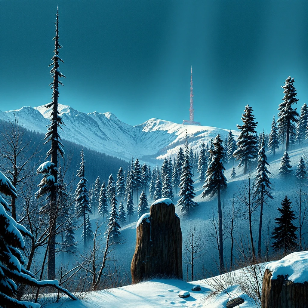 Conte Drawing of a landscape of a Unadvised [Remarkable|Gritty] Montane Forest, Snowing, Nanopunk, specular lighting, 50mm, by John Wilhelm, Tony Cragg and Eric Deschamps, magic…
