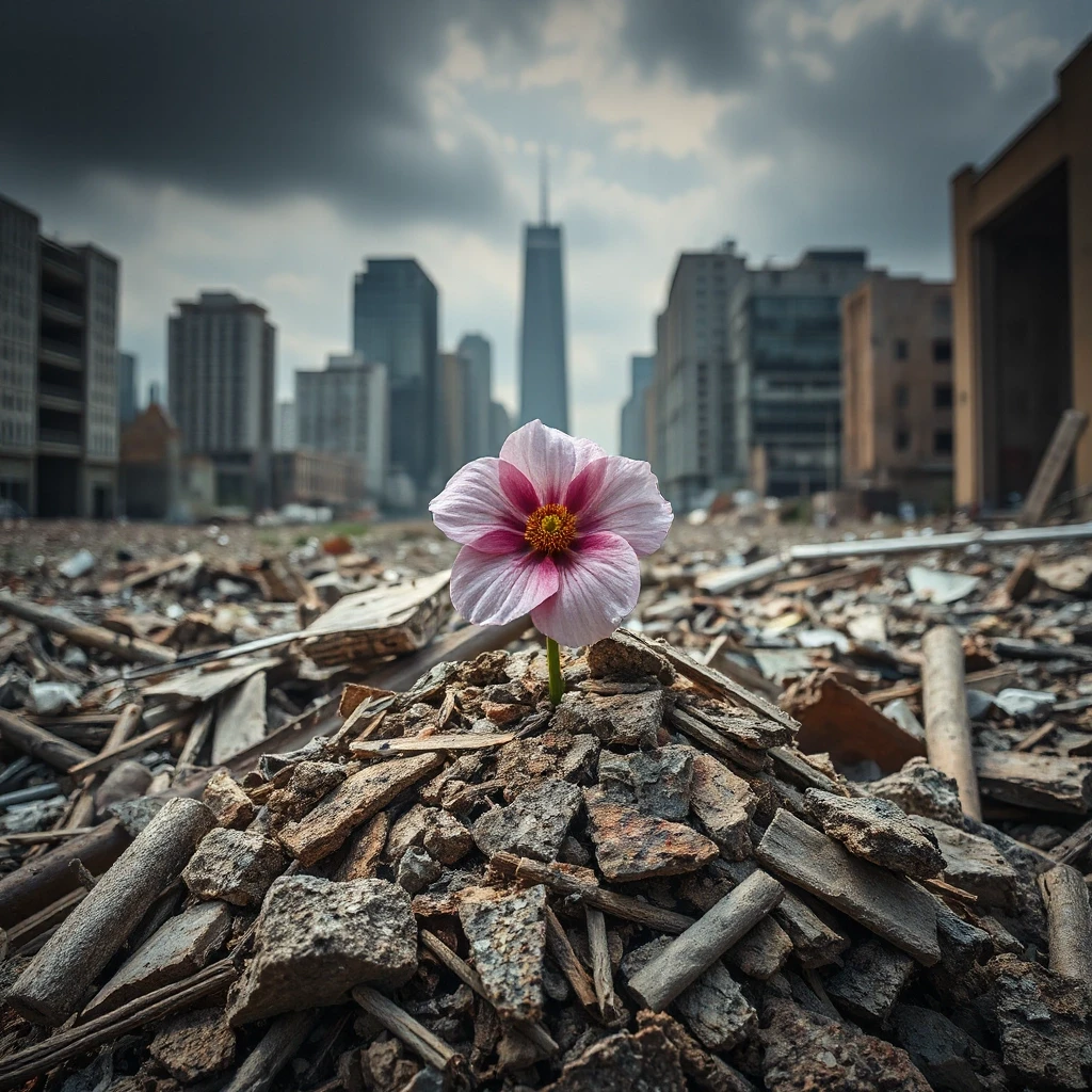 a pink flower sitting on top of a pile of rubble, in a ruined cityscape, life and death, amazing contrasting background, by Wu Wei, by Weiwei, contrast picture, techno-optimism,…