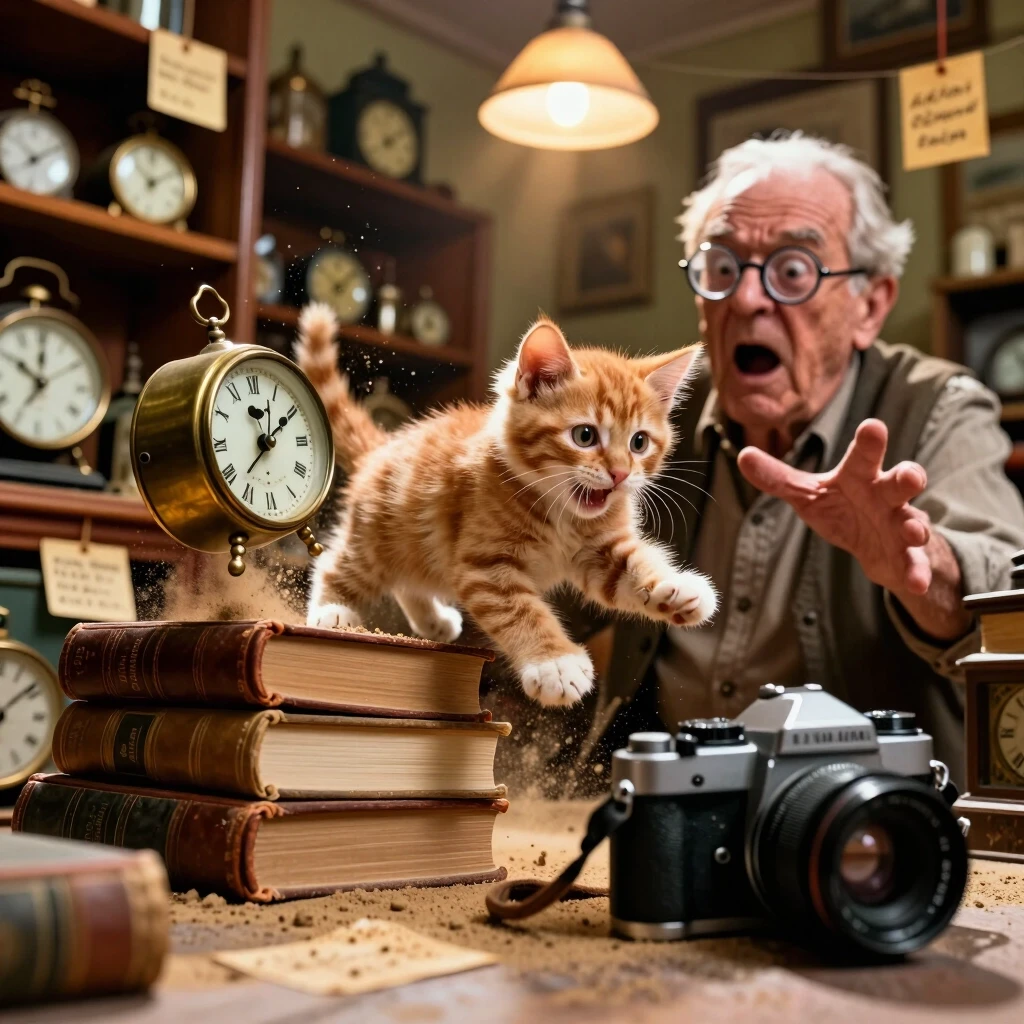 Extreme low-angle, wide-shot macro photography in a dusty, sun-drenched vintage curiosity shop. The camera is placed almost on the floor, creating a dramatic sense of scale. A…