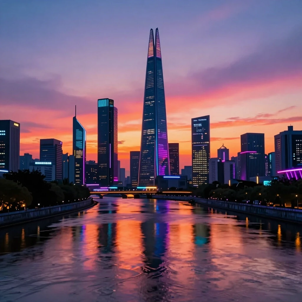 A serene sunset over a futuristic city, with glowing neonlights reflecting on a calm river, cyberpunk style, highly detailed, vibrant colors, 4K resolution. — работа…