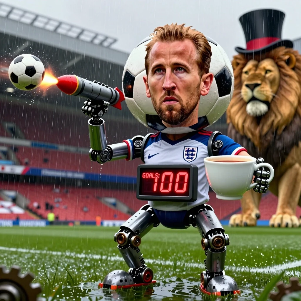 Hyper-exaggerated, grotesque caricature of Harry Kane, instantly recognizable by his strong jawline, serious demeanor, and English captain's armband. His head is literally a…