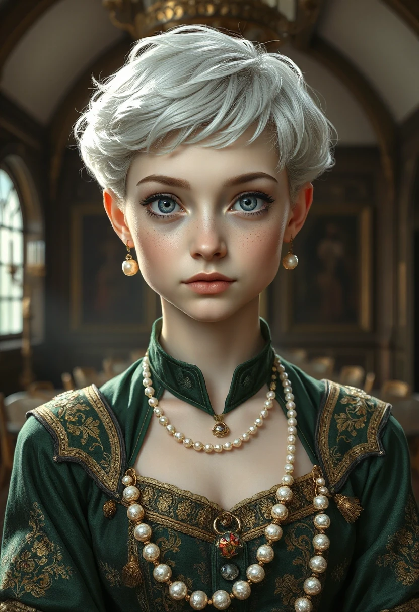 Низкая молодая женщина, белые короткие волнистые волосы, прическа пикси, светло-серые глаза, курносый нос, белая кожа, полное лицо, веснушки, тонкие бледные губы, в старинной…