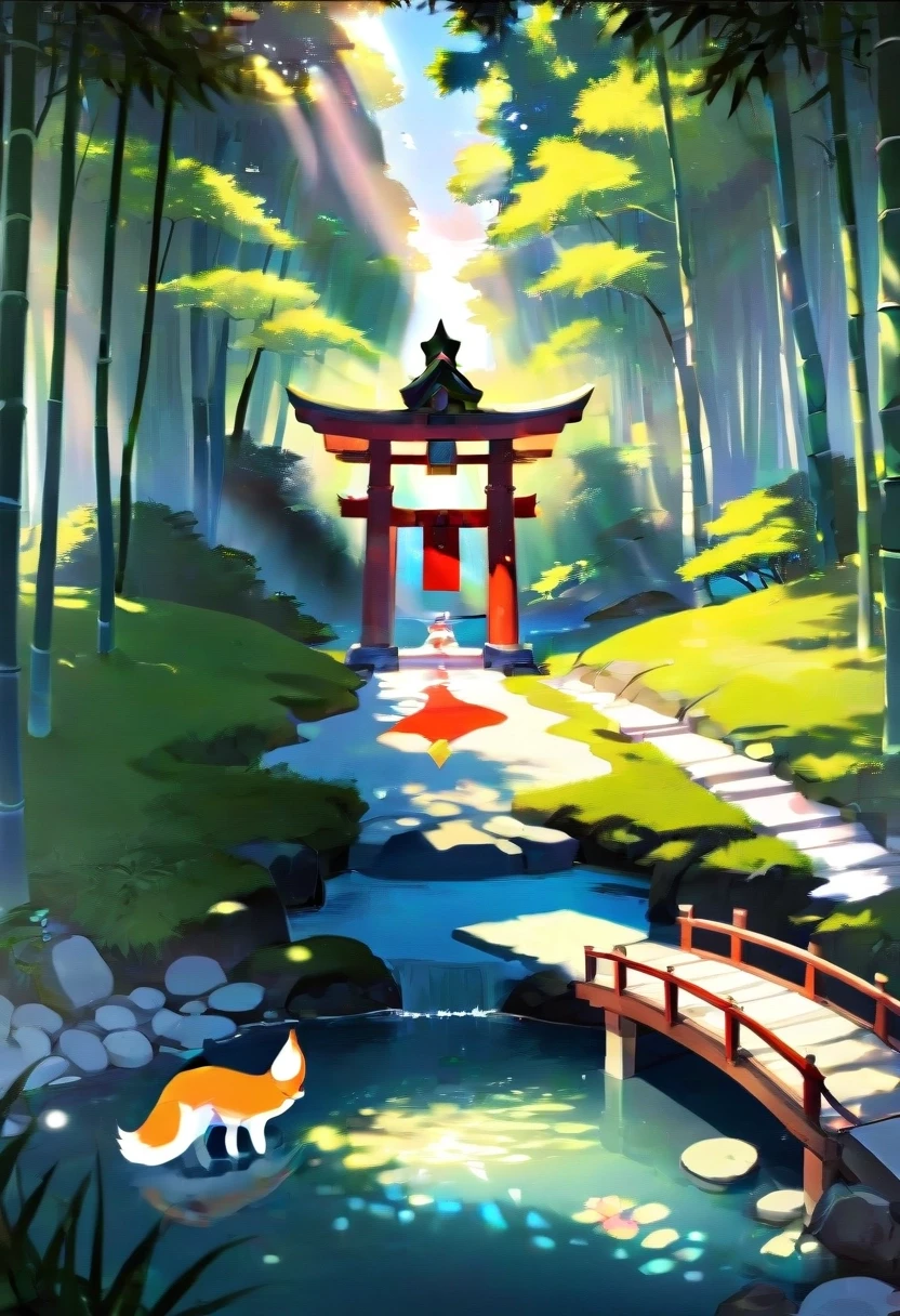 a Japanese shrine dedicated to kitsune, bamboo groves and small lakes along the sides, sunny weather, outline. — работа пользователя Безудержный Свет