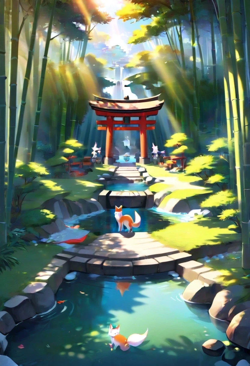 a Japanese shrine dedicated to kitsune, bamboo groves and small lakes along the sides, sunny weather, outline. — работа пользователя Безудержный Свет