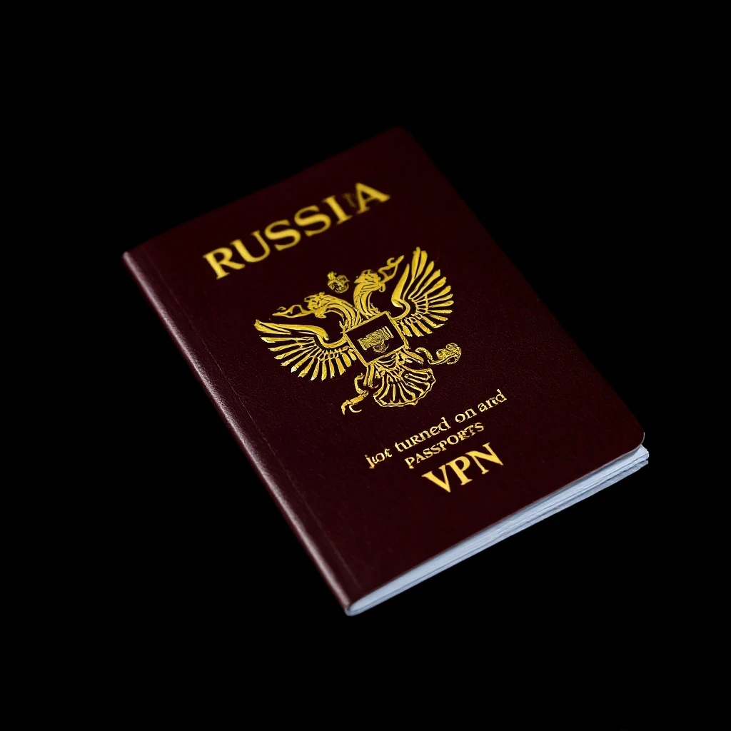 Российский загранпаспорт на абсолютно черном фоне, темно-бордовая обложка с золотым двуглавым орлом и надписью "Просто включил VPN",, студийное освещение, блики,…
