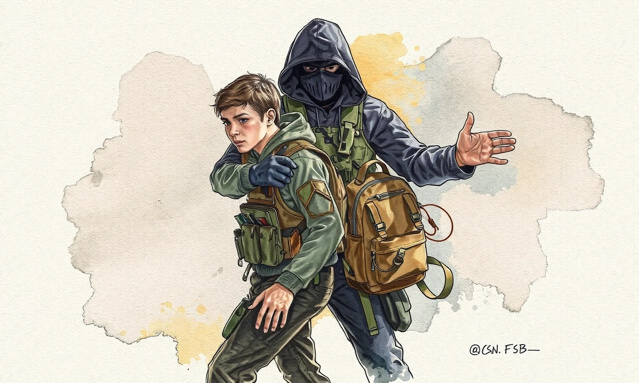 Create an illustration in the technique of watercolor-graphic sketch: watercolor washes plus pencil lines and hatching. Subject: preventing the recruitment and involvement of a…