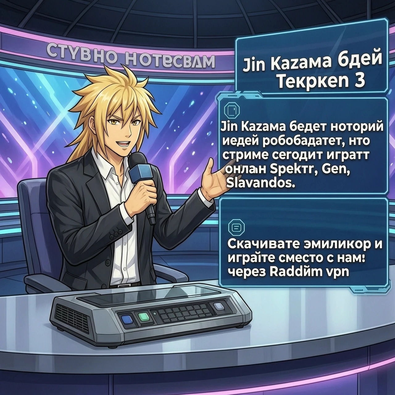 Студия новостей, Jin Kazama ведет новости Теккен 3, и объявляет, что на стриме сегодня играют онлайн Spektr, Gen, Slavandos. ведущий сообщает: Скачивайте эмулятор и играйте…