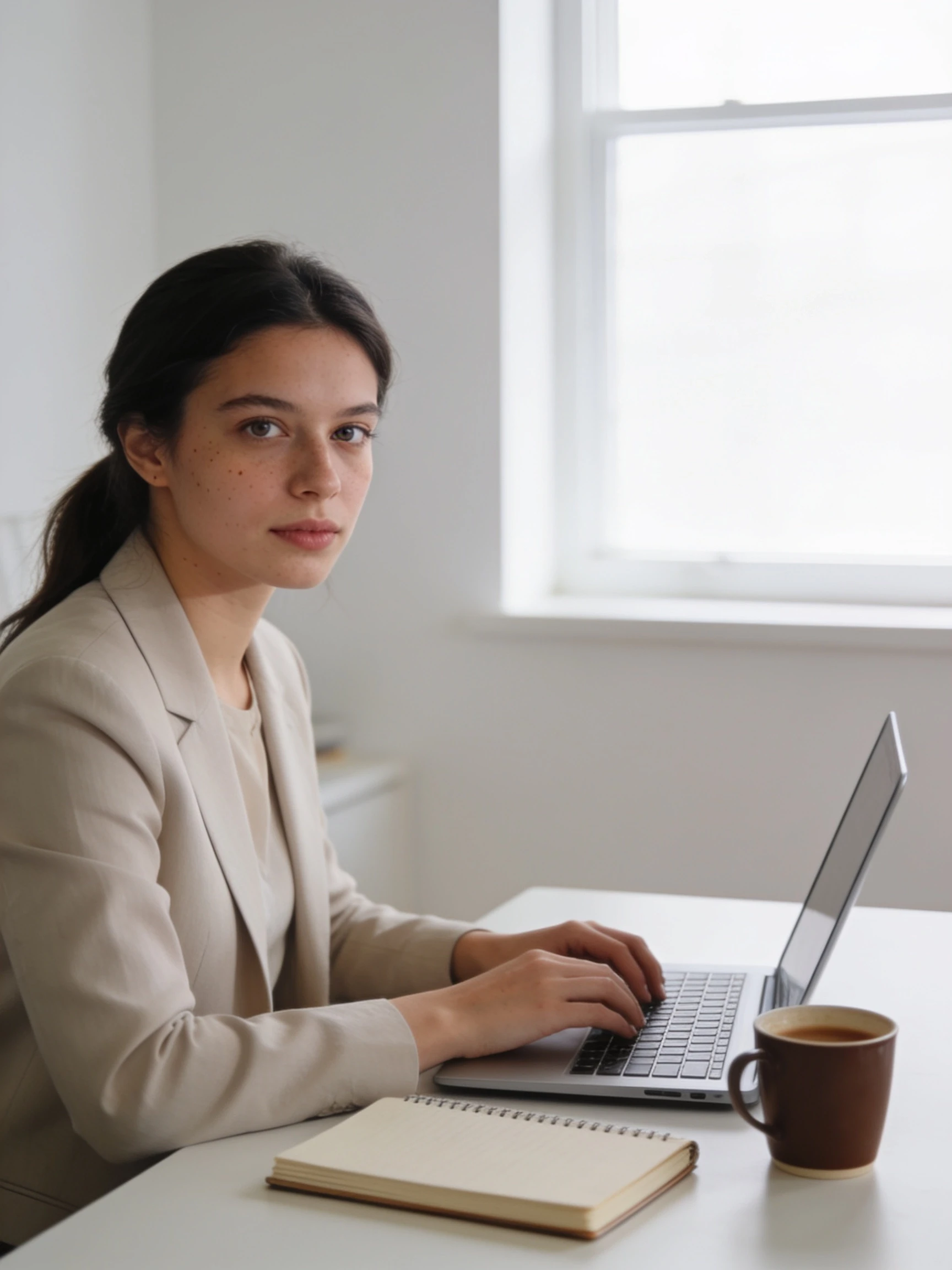 Photorealistic commercial stock photograph of a young professional woman working remotely in a bright minimalist home office, sitting at a laptop beside a notebook and coffee…