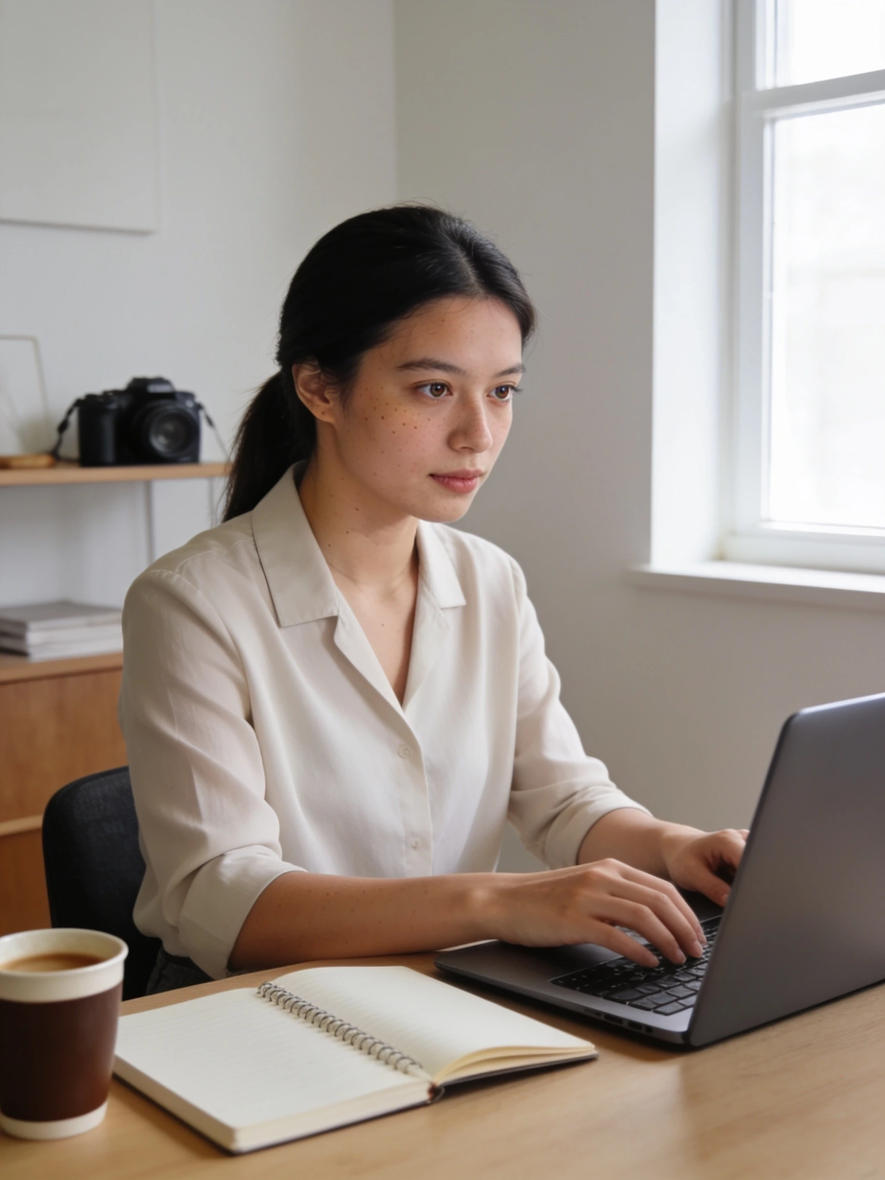 Photorealistic commercial stock photograph of a young professional woman working remotely in a bright minimalist home office, sitting at a laptop beside a notebook and coffee…