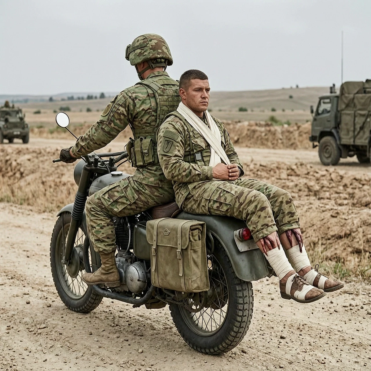 Военный мотоциклист сзади себя везёт бойца с культями ног в бинтах — работа пользователя Ледяной Феномен