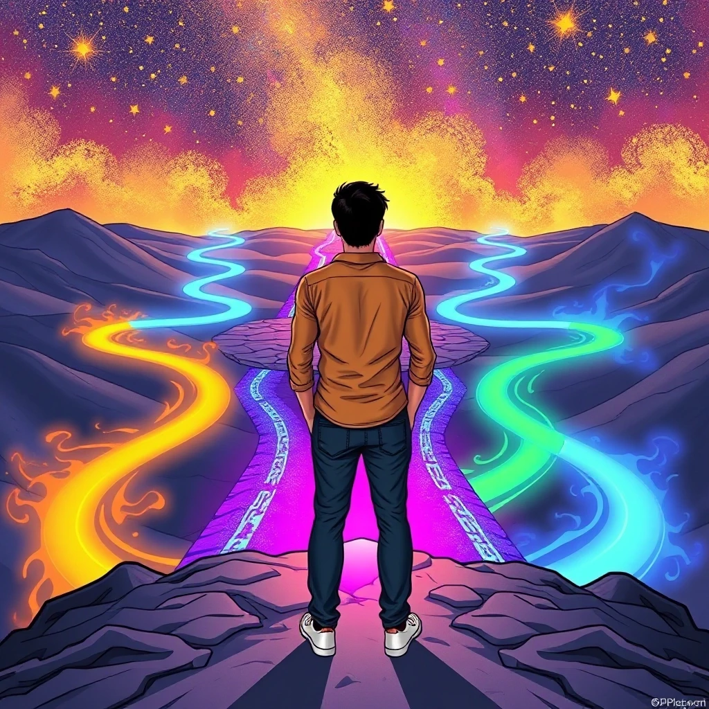 A person stands at a crossroads with infinite paths ahead — each glowing with a different color. They are not looking back. They are choosing with confidence. The sky above is…