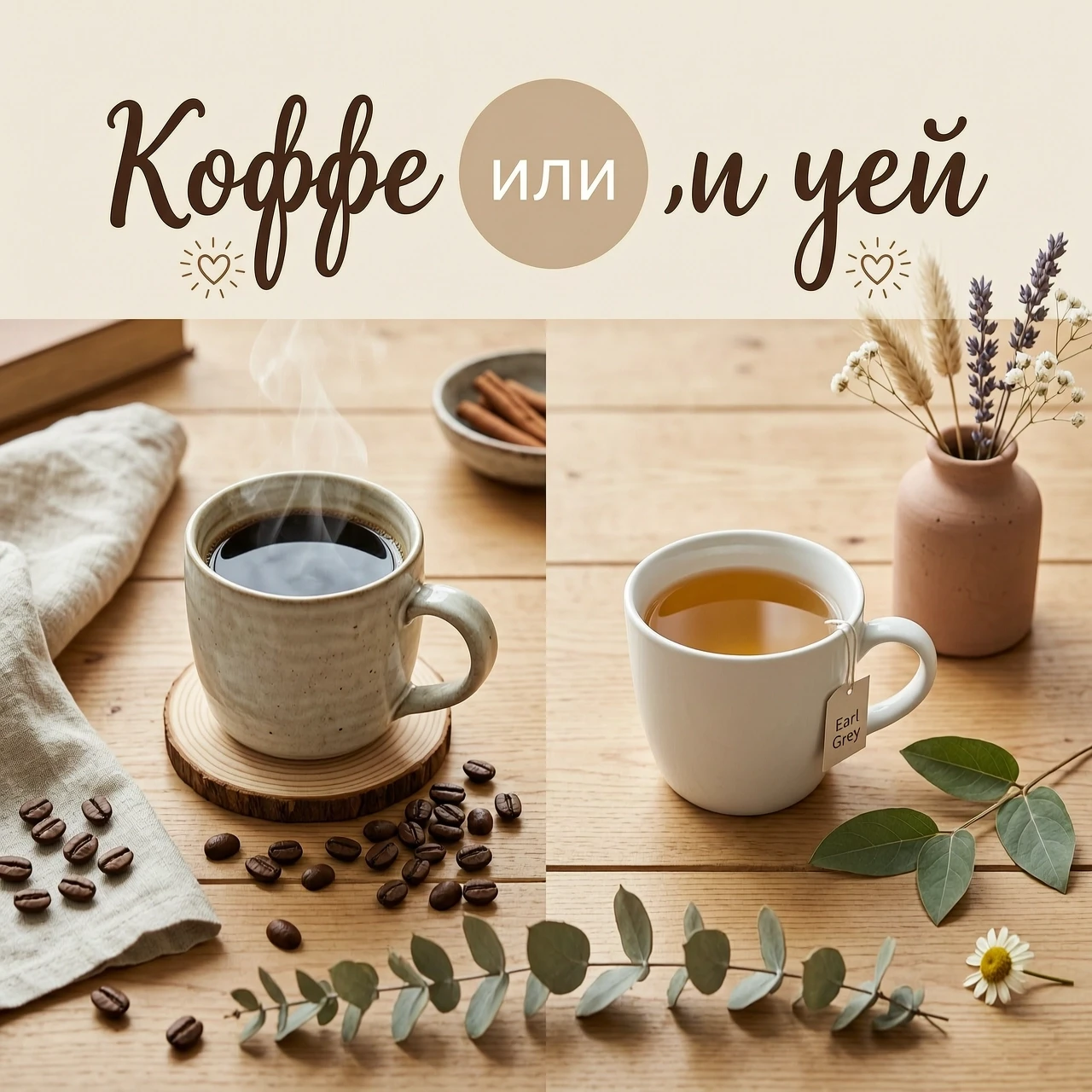 Фотореалистичная композиция «Кофе или чай» в стиле hygge, единая тёплая цветовая гамма (бежевый, кремовый, оливковый, тёплый коричневый), мягкий рассеянный свет, 8K. Кадр…