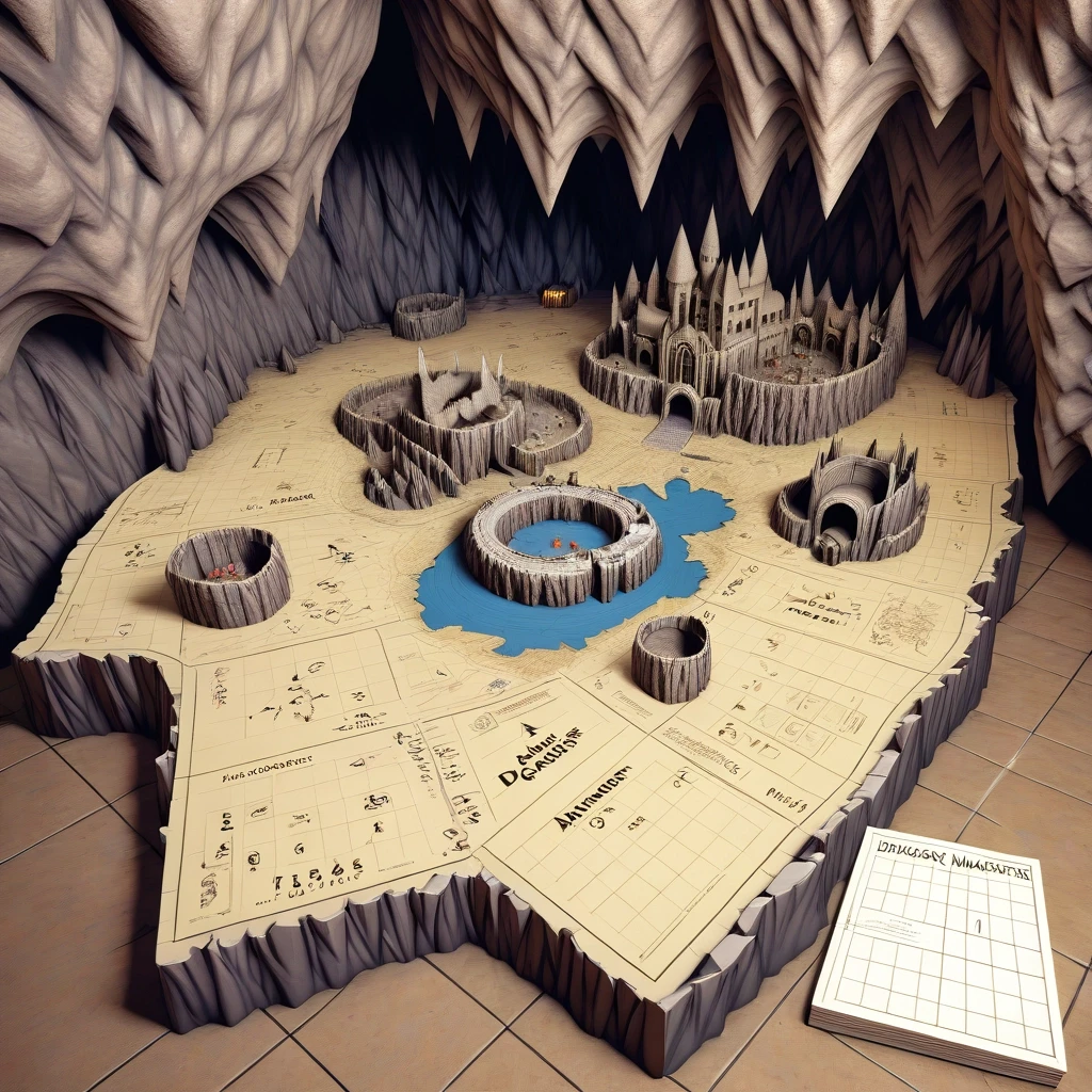 prompt: Dungeons and Dragons (здесь пишем любое другое название, например Hogwarts) map, 3D map, orthographic, the dragons cave adventure, black grid paper, fantasy cave map,…