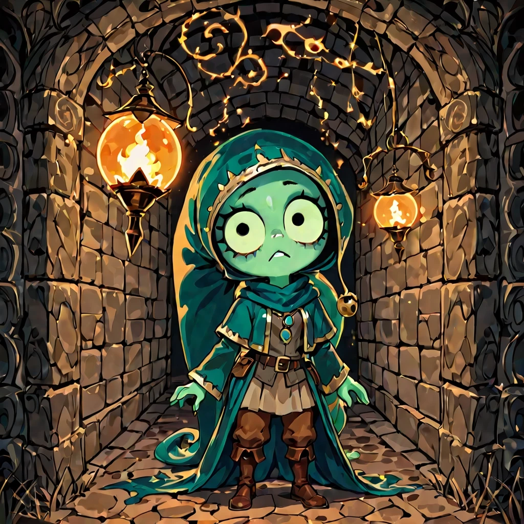 A view from the sea of a gloomy fantasy port in a dark fantasy setting. Stone walls enclose the city; beyond the city lies a gloomy forest; yellowish lanterns are burning in the…