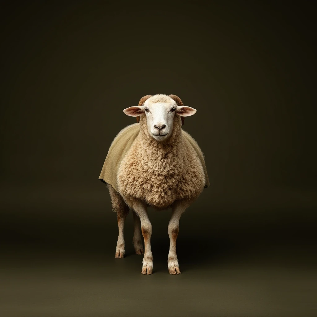 Draw a symmetrical frontal frame in the style of Wes Anderson for the A6 format. In the center is a full—length sheep (in a relaxed pose), with a light olive—colored cape on her…