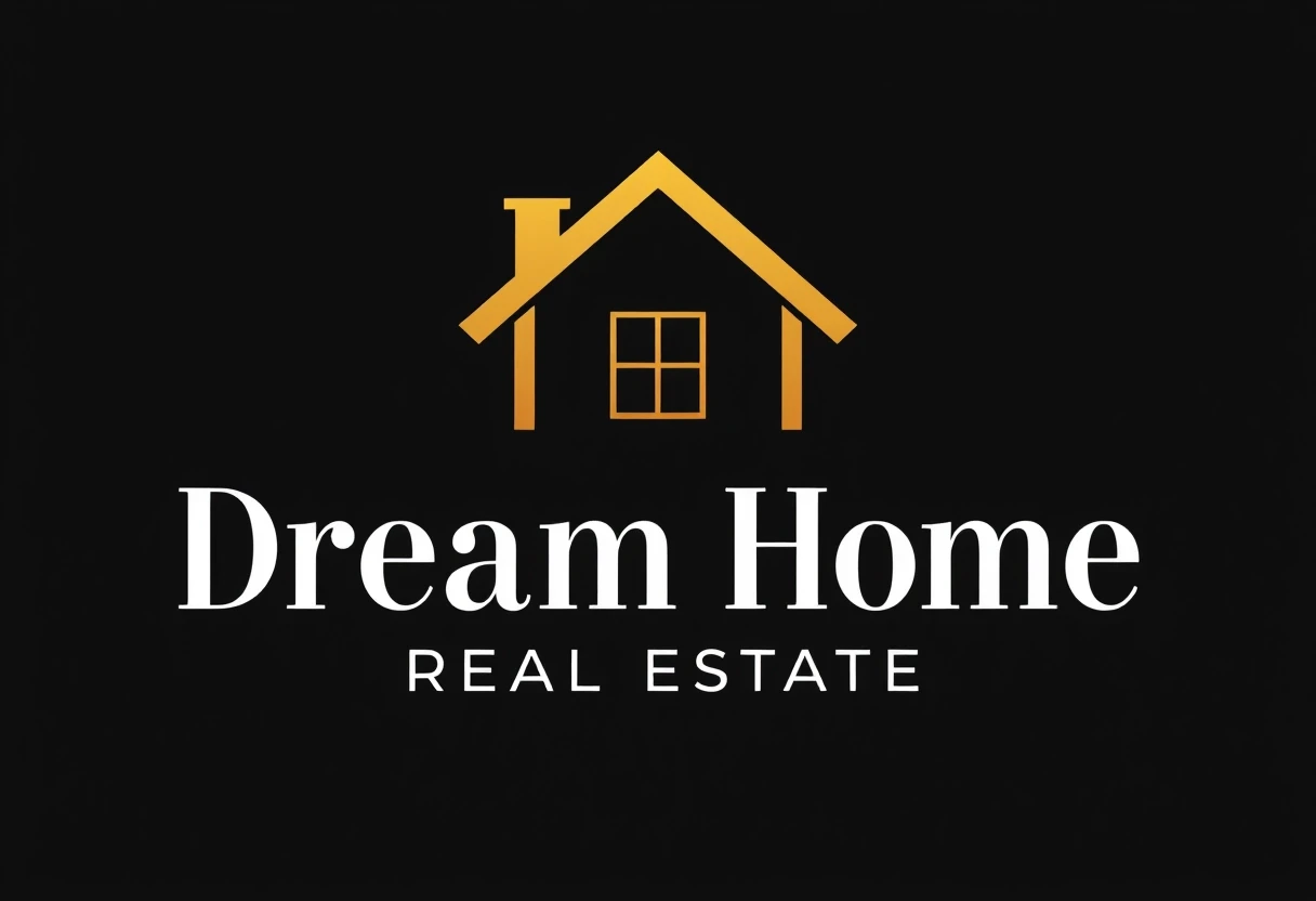 "Dream Home Real Estate logo, stylized house icon with chimney and window, gold color, minimalist design, white text on black background." — работа пользователя…