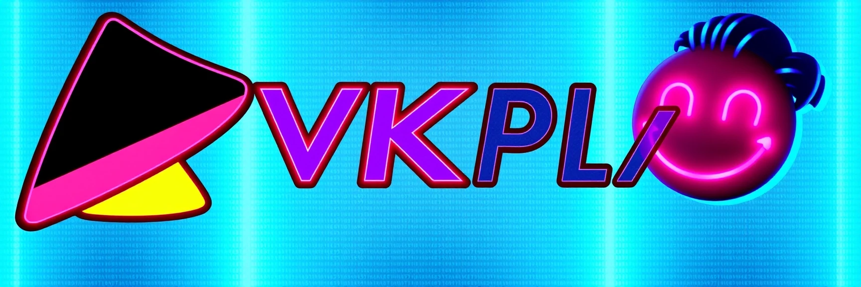 создай изображение, слева логотип VKPLAY справа изображение смайлик Red-John-Smiley-Face на фоне с градиентным переходом светлых оттенков синего — работа пользователя Жемчужный…