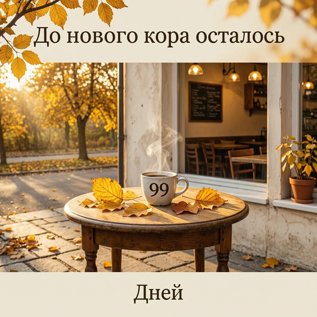 На картинке лавка и небольшой круглый столик. Время средняя осень, золотое время. Свет мягкий. На столе стаканчик с кофе. На стаканчике надпись 99. Никаких других надписей нет.…