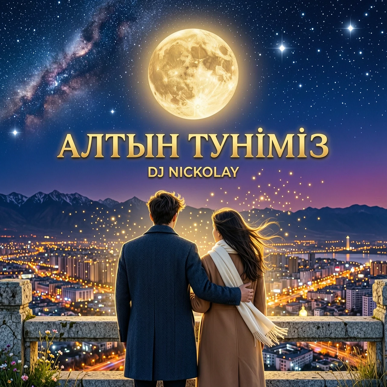 Ночная Алматы. На переднем плане парень и девушка стоят рядом на смотровой площадке, вид со спины. Перед ними — город в миллионах огней, а над горами огромная золотистая луна.…