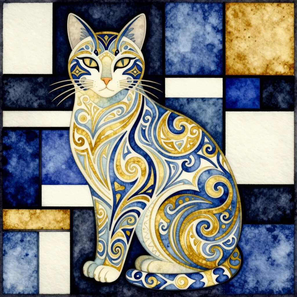 Watercolor in the Art Nouveau and Art Deco style. Vector art. ((On a dark geometric background with many squares and rectangles) (in the style of Mondrian). (Many ornaments).…