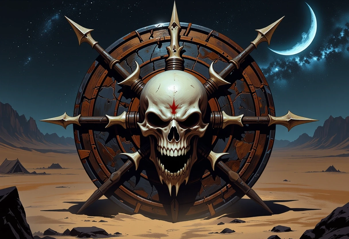 Circular emblem of a fierce, warlike desert tribe, centered composition. In the foreground, a weathered tribal shield made of dark hide and bone ornaments, overlaid with two…