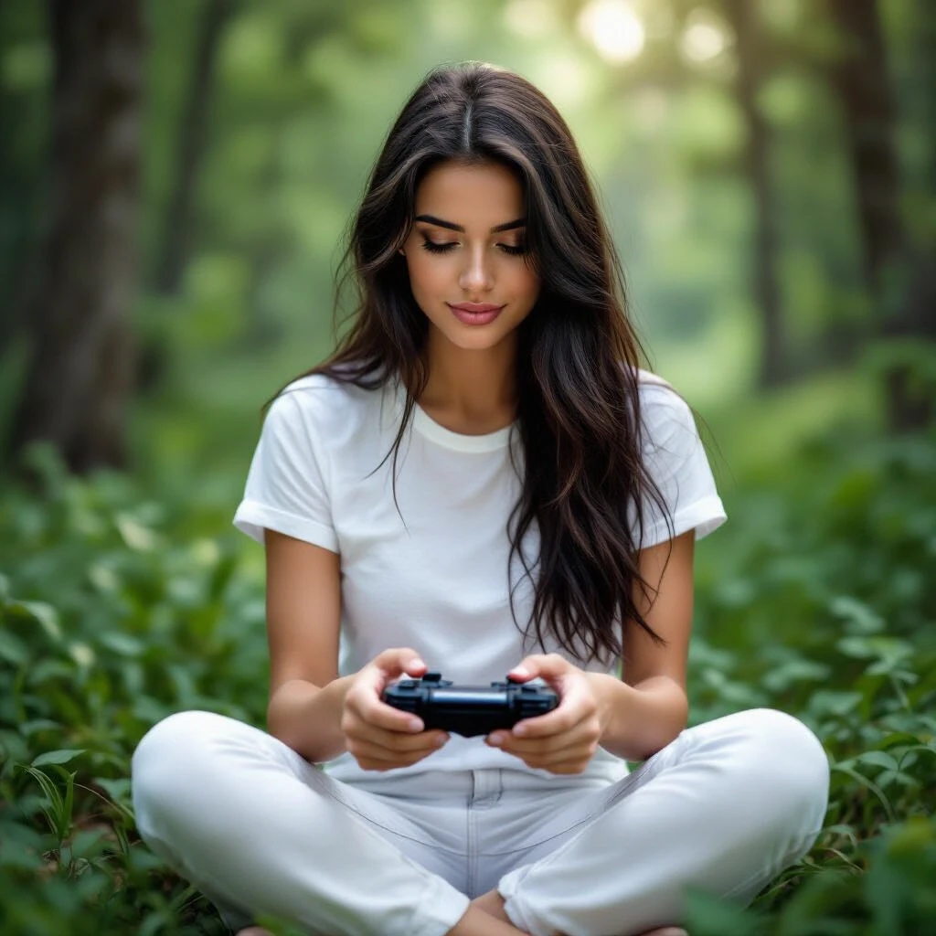 Woman playing computer game. Dark long hair, white jeans, white t-shirt. Nature — работа пользователя Могущественный Танец
