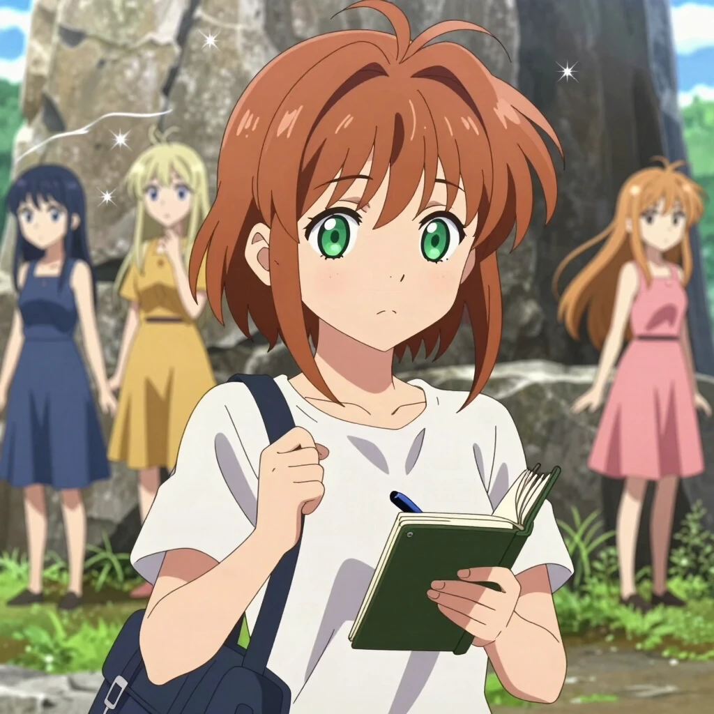 Anime-style portrait, medium close-up, modern Japanese animation style. A young girl with short, slightly tousled chestnut hair and calm green eyes. She’s in a hurry but not…