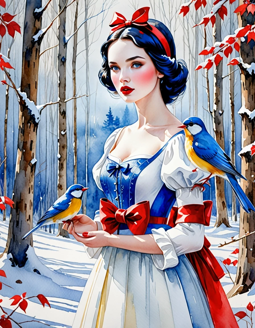 A masterpiece. Creating an image. The style is watercolor painting. Delicate watercolor on raw material.((Snow white with white delicate skin, expressive eyes, clear facial…