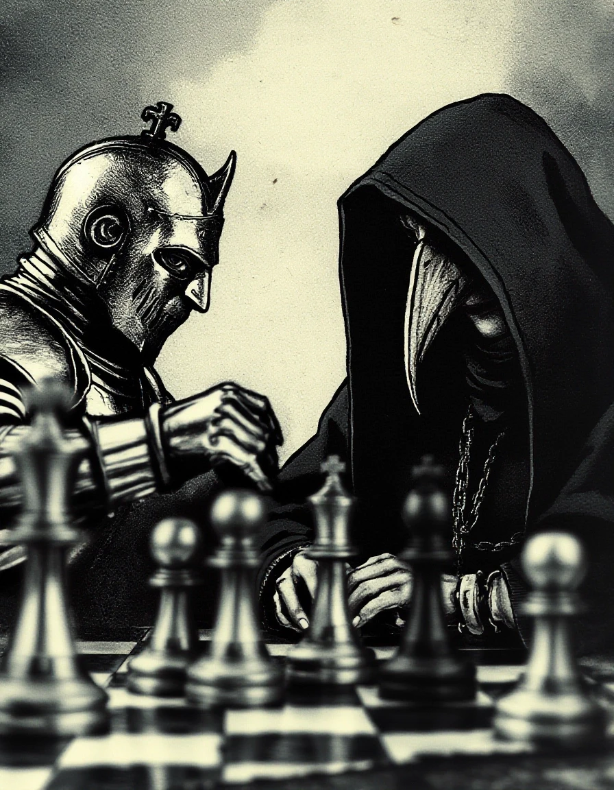 Blurred ink stains depicting a chess game between a medieval knight and a woman in a black cloak with a hood, wearing a plague doctor’s mask with a beak. — работа пользователя…