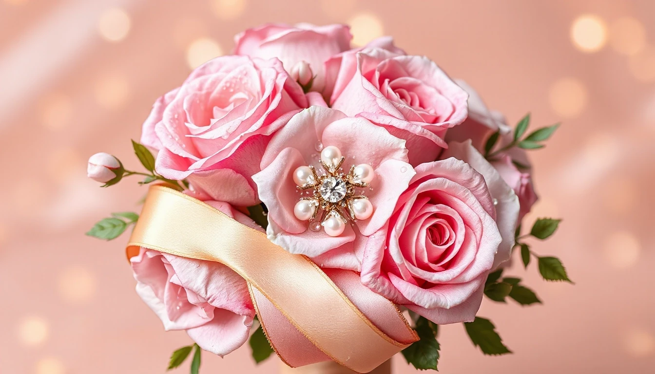 Square luxury birthday greeting card, elegant bouquet of lush roses in soft pink and lilac, porcelain-like petals decorated with dew drops and delicate pearl beads, satin…