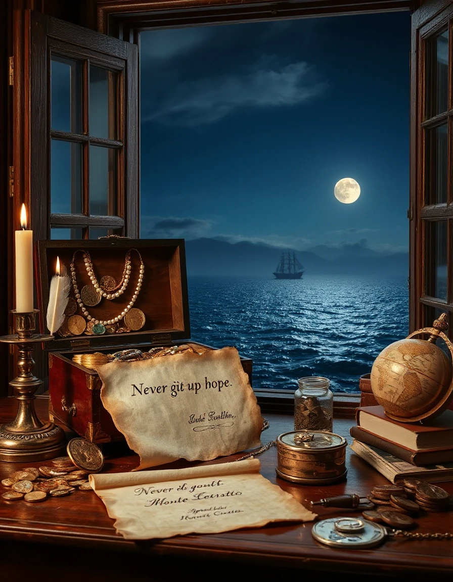 The window is open, and behind it is the night sea with the reflection of the moon, and in the distance the silhouette of a frigate. In front of the window is an antique 18th…
