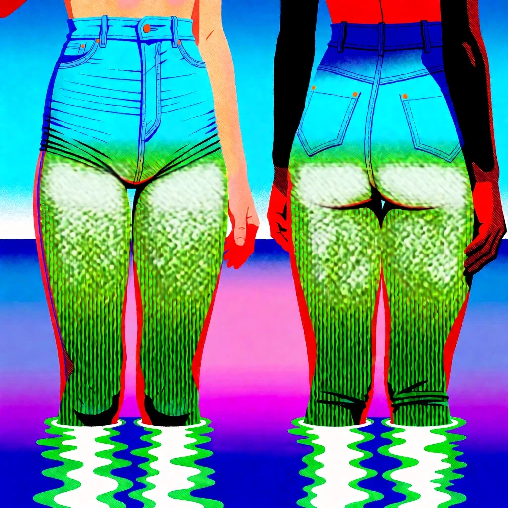 18-year-old guys in blue denim high-waisted leggings are standing deep in the water — работа пользователя Грозовой Химик