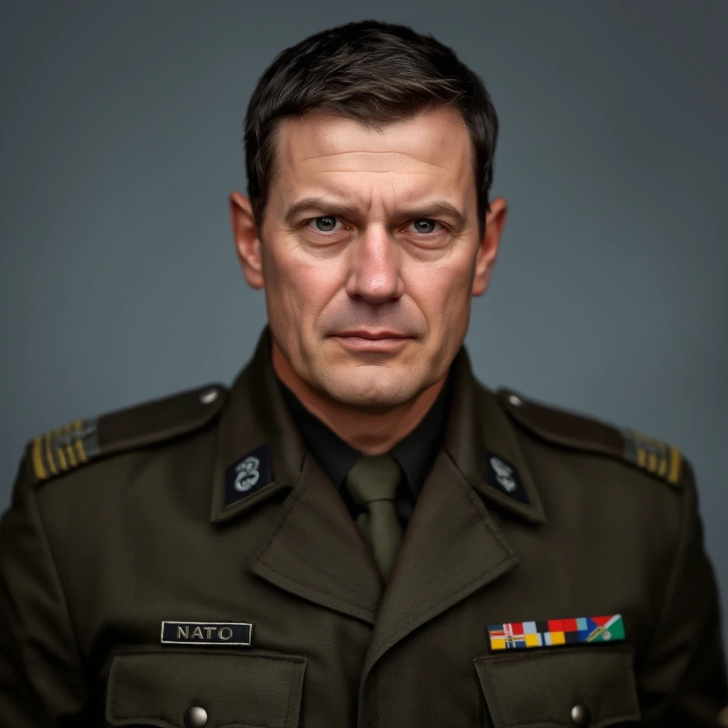 professional portrait of middle aged brave german lieutenant in NATO uniform. Short dark hairs, cold but clever grey eyes — работа пользователя Firebat